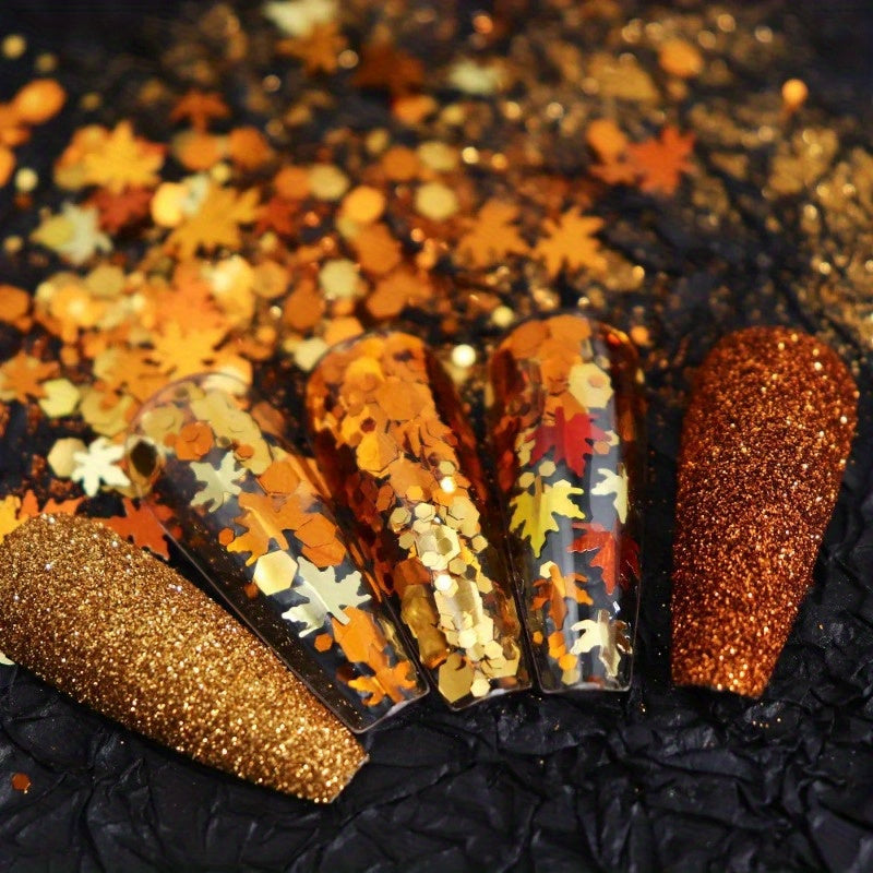 6pcs/Set Autumn Nail Art Set, Yellow Maple Glitter Sequins, Shiny Autumn Leaves Paillettes, Winter Furry Sugar Powder, No Fragrance, Nail Deco Accessories for Hand & Foot Care